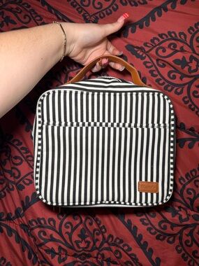 Striped Black & White Universal Travel Toiletry Bag with Brown Handle & Patch